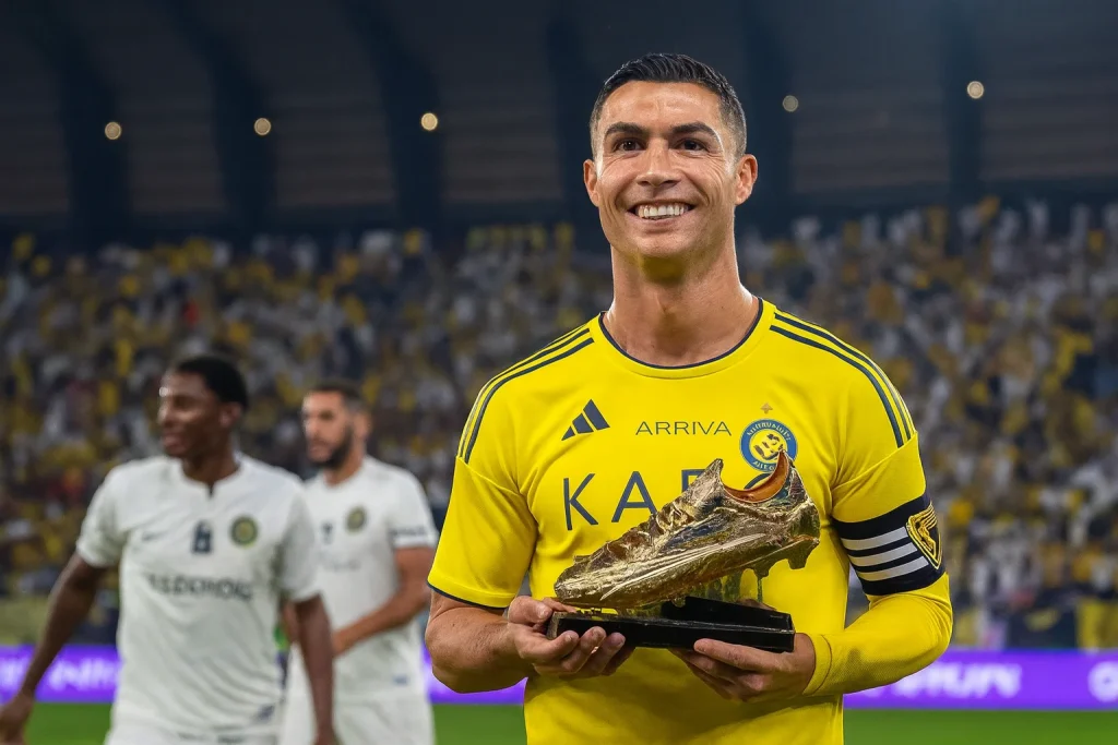 Cristiano Ronaldo merayakan gol hat-trick untuk Al-Nassr saat melawan Al-Kholood Club di King Cup 2025.