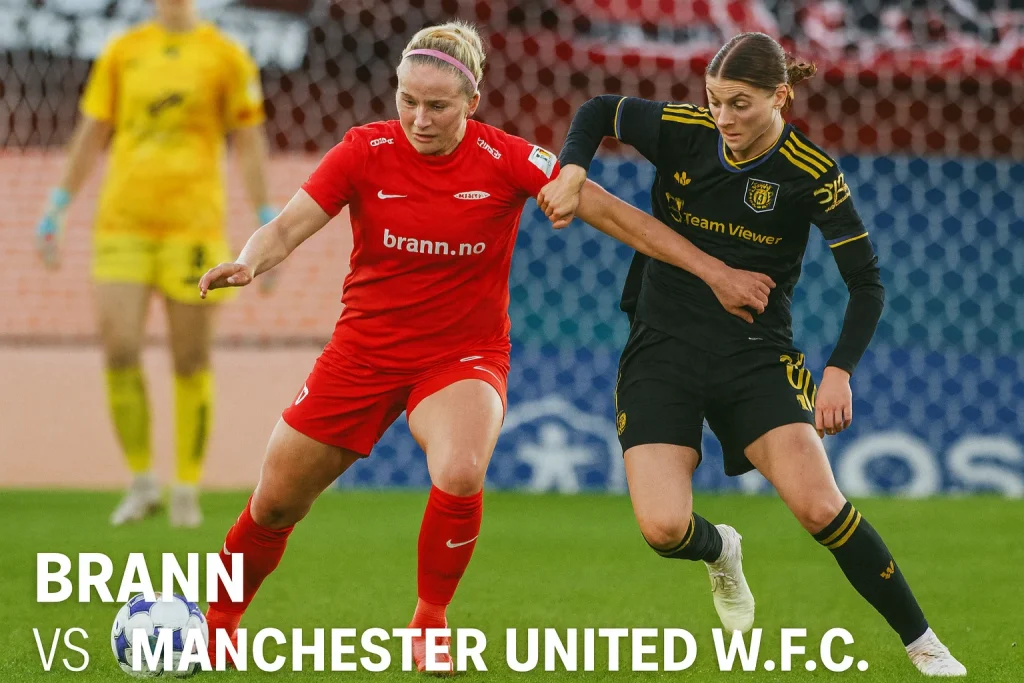 Ingrid Stenevik merayakan gol kemenangan Brann atas Manchester United Women di leg pertama kualifikasi Liga Champions Wanita.